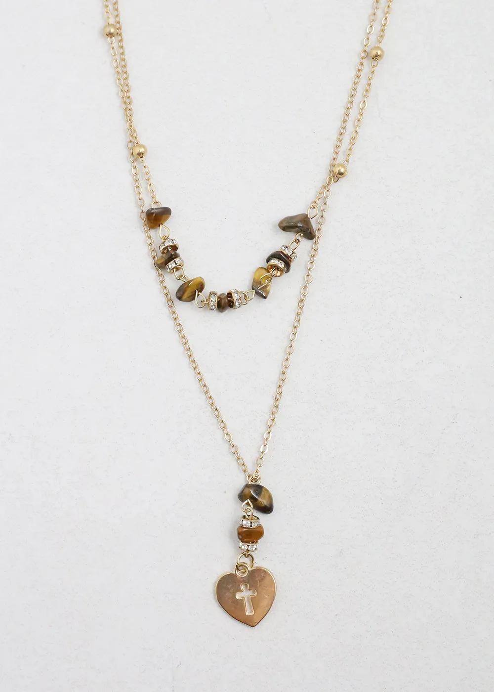 2 Layered Beaded Necklace with Heart & Cross Pendant