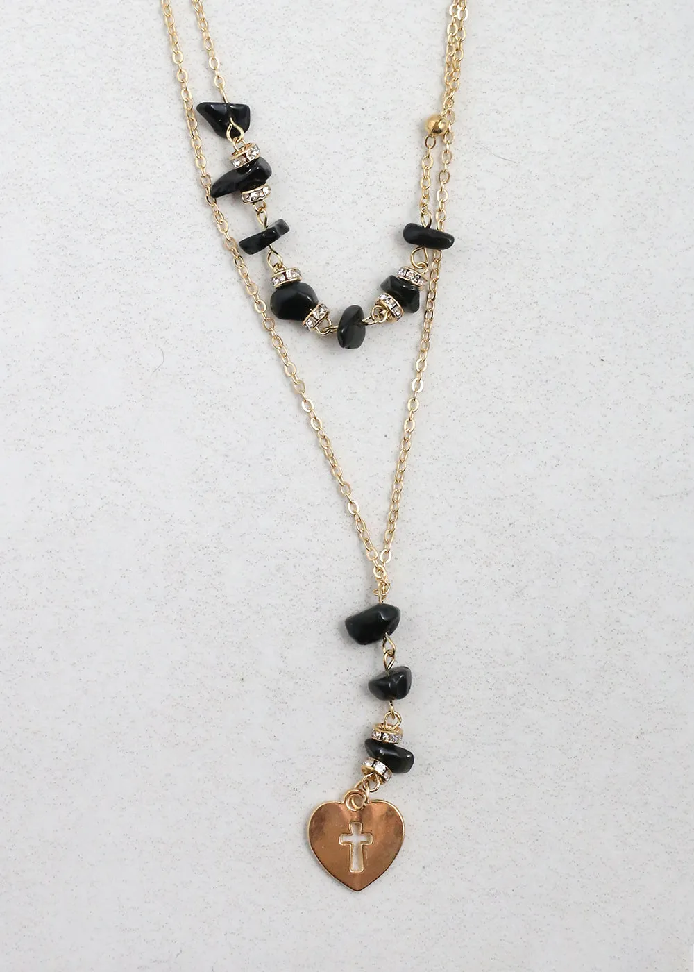 2 Layered Beaded Necklace with Heart & Cross Pendant