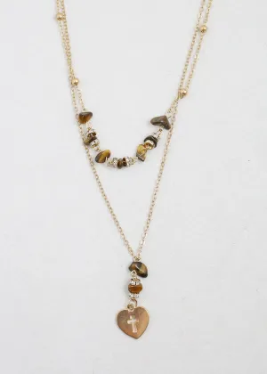 2 Layered Beaded Necklace with Heart & Cross Pendant