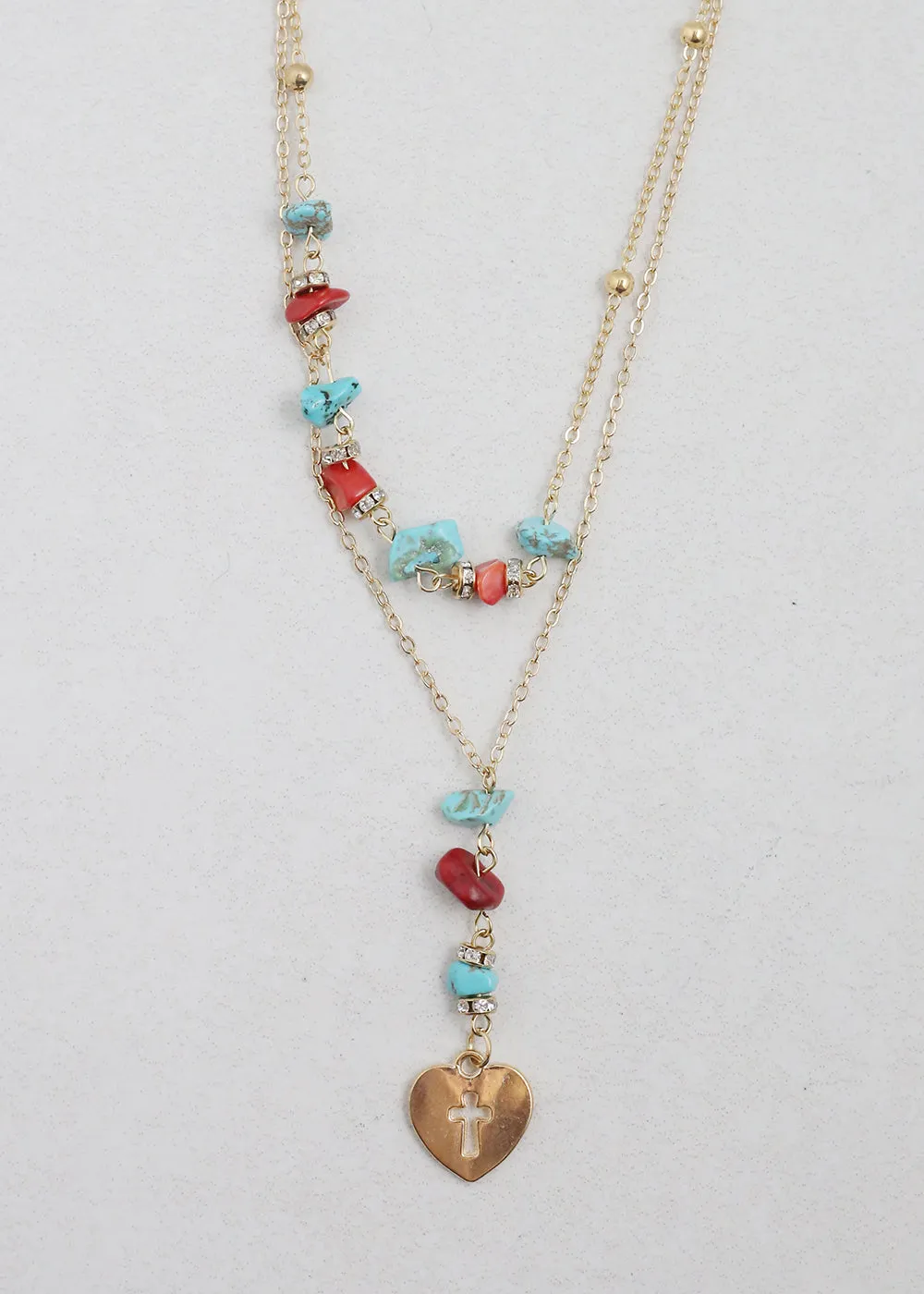 2 Layered Beaded Necklace with Heart & Cross Pendant