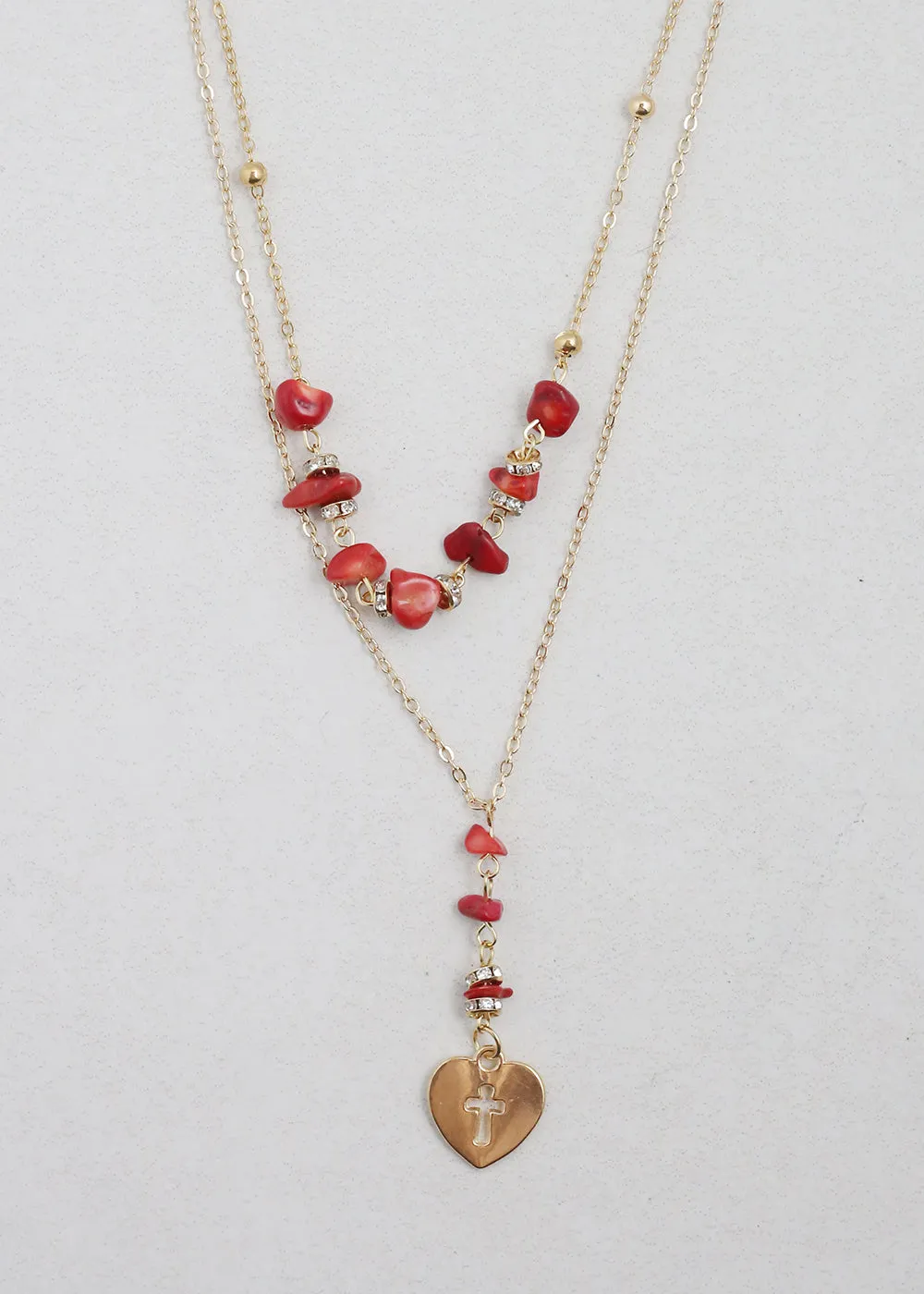 2 Layered Beaded Necklace with Heart & Cross Pendant