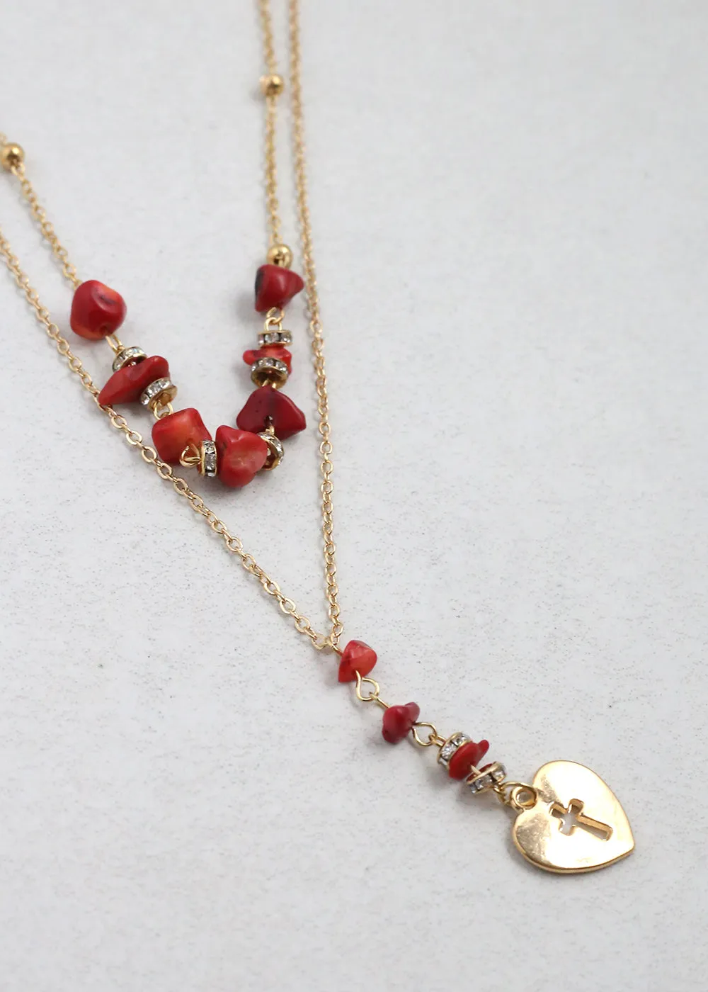 2 Layered Beaded Necklace with Heart & Cross Pendant