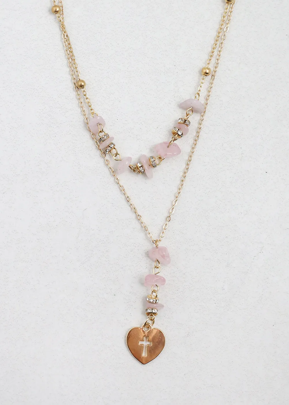 2 Layered Beaded Necklace with Heart & Cross Pendant