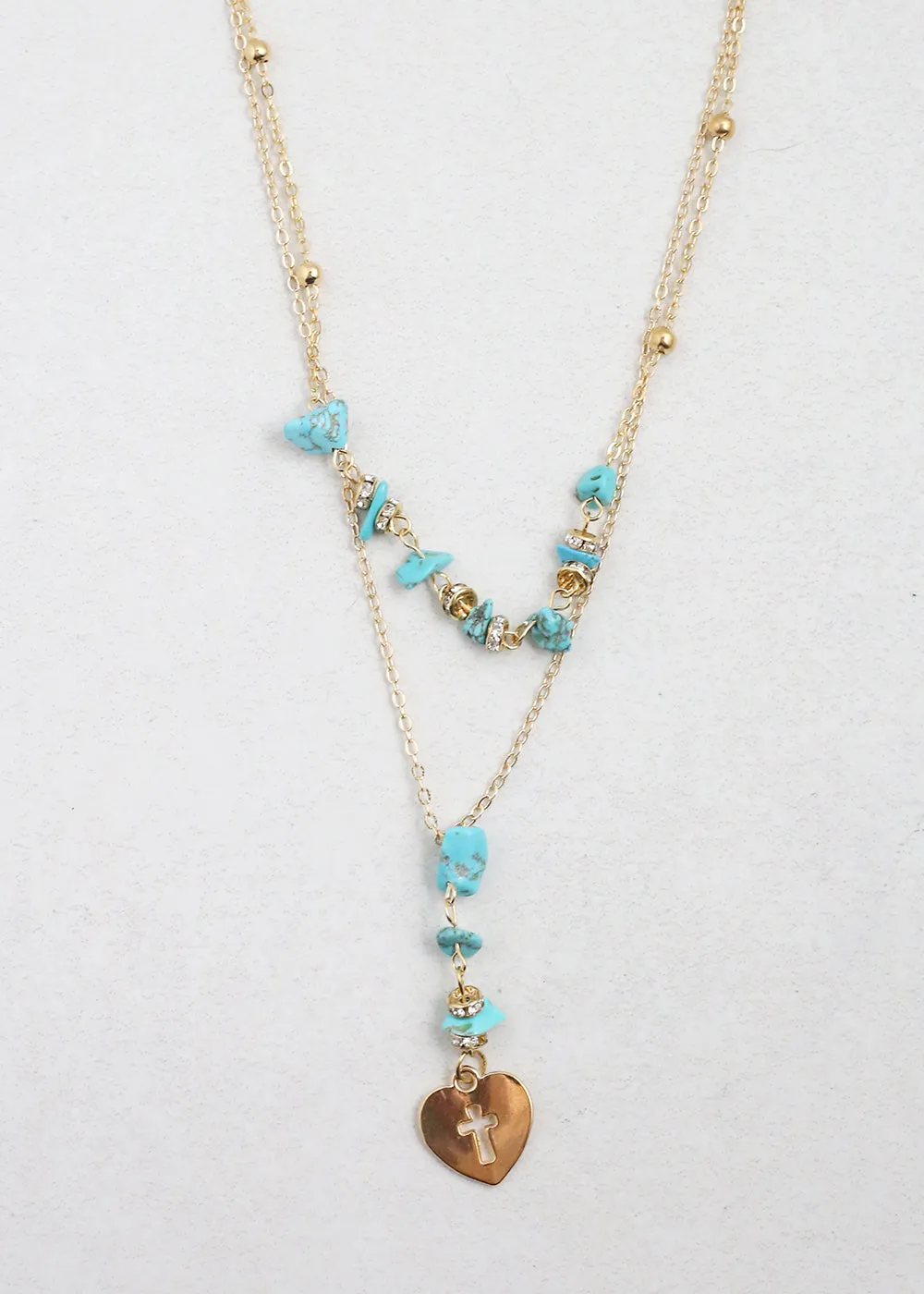 2 Layered Beaded Necklace with Heart & Cross Pendant