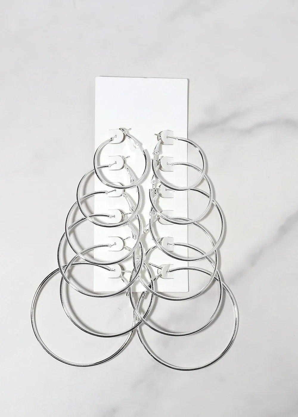 6 Pair Thin Silver Hoop Earrings