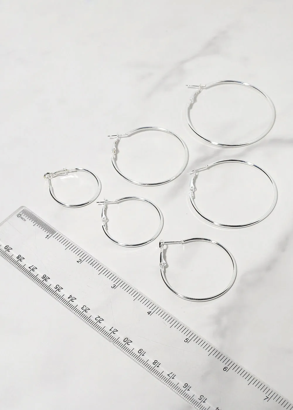 6 Pair Thin Silver Hoop Earrings