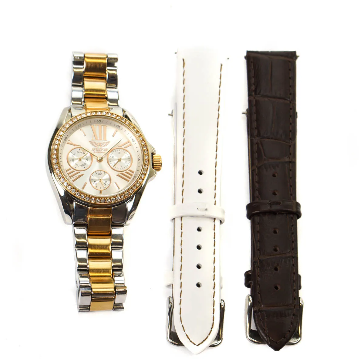 Aviator Ladies Watch Rose Gold & Steel 3 Straps (Blemished Box)