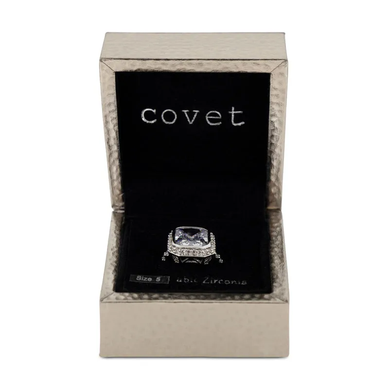Covet Rhodium Cubic Zirconia Large Square Cut Silver Ring - Size 5