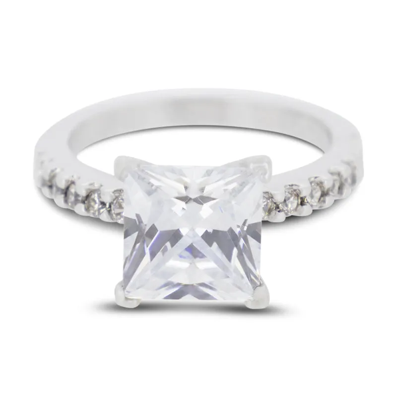 Covet Rhodium Cubic Zirconia Square Cut Silver Ring - Size 8