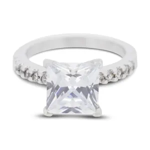 Covet Rhodium Cubic Zirconia Square Cut Silver Ring - Size 8