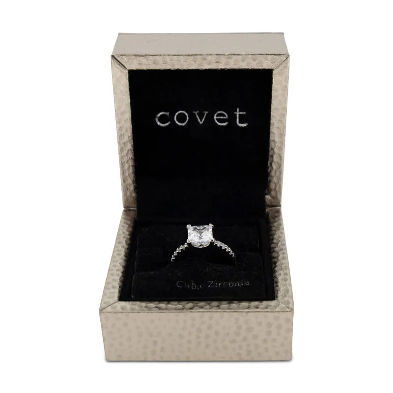 Covet Rhodium Cubic Zirconia Square Cut Silver Ring - Size 8
