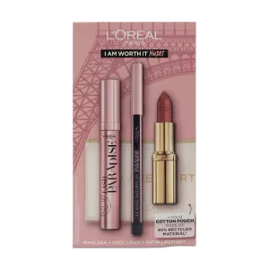L'Oreal Black Mascara Eyeliner Nude Lipstick 235  Make Up Set (Blemished Box)