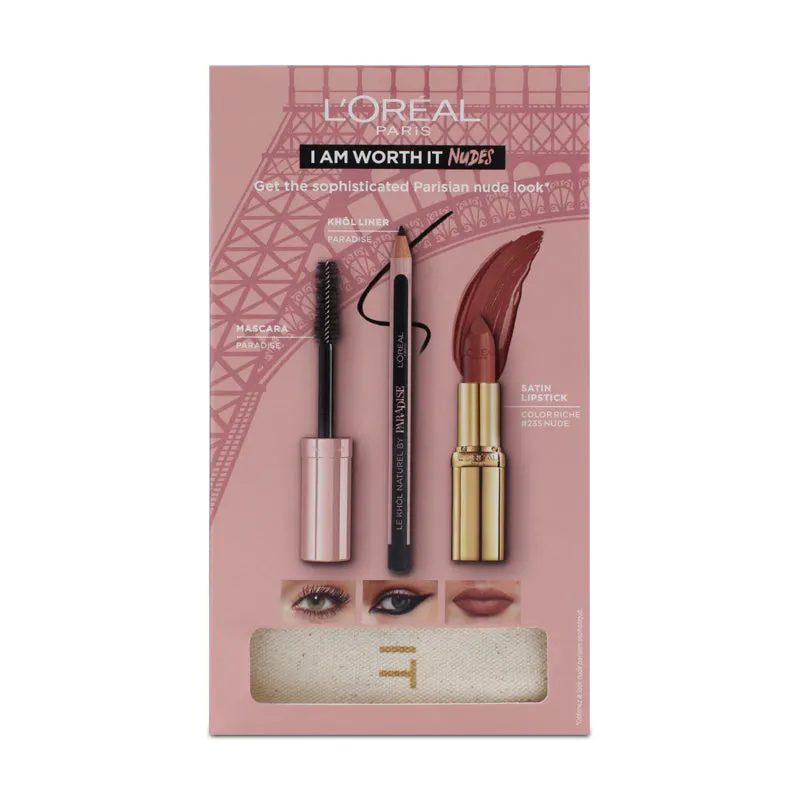 L'Oreal Black Mascara Eyeliner Nude Lipstick 235  Make Up Set (Blemished Box)