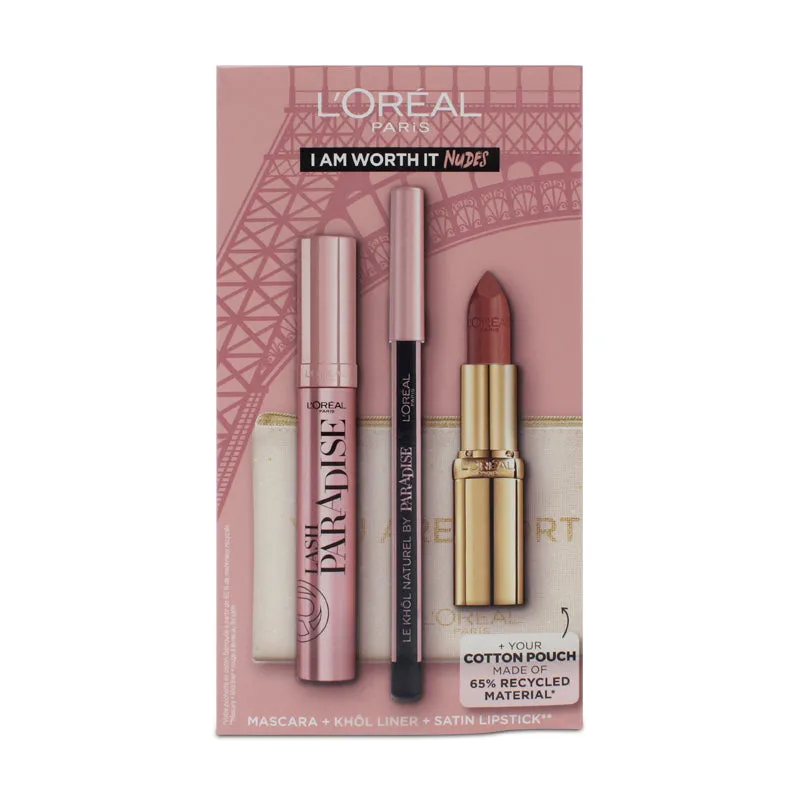 L'Oreal Black Mascara Eyeliner Nude Lipstick 235  Make Up Set (Blemished Box)