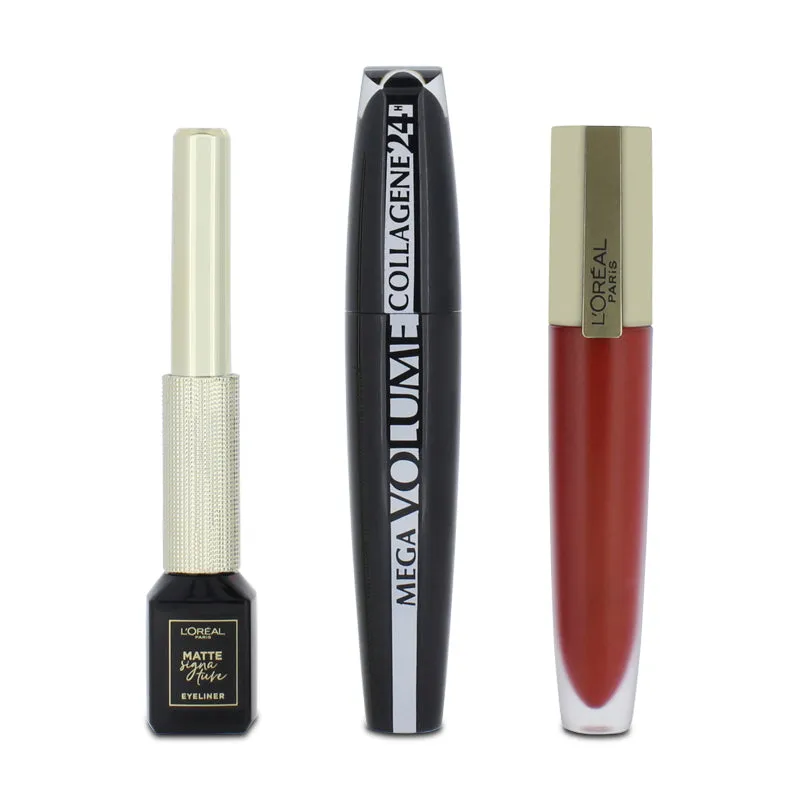 L'Oreal Collagene 24H Volume Black Mascara, Eyeliner & Red Lipstick Set