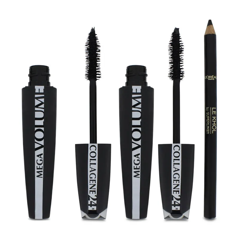 L'Oreal Mega Volume Collagene 24h Black Mascara Twin Pack & FREE Eyeliner