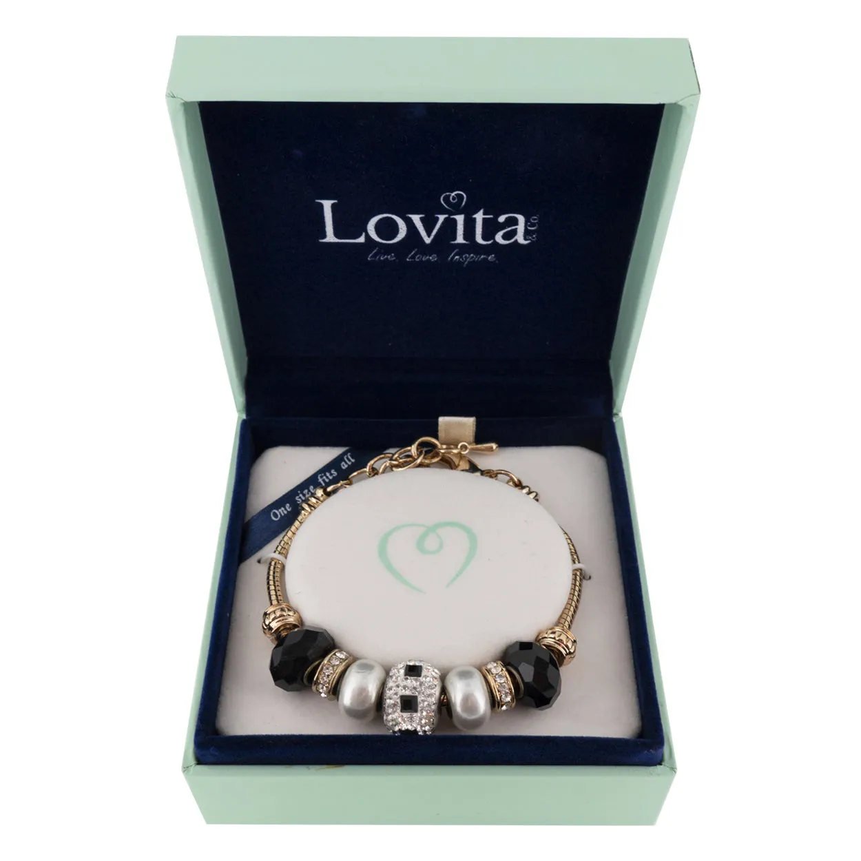 Lovita Charm Bracelet Gold Band Silver And Black Charm (Ex Display)