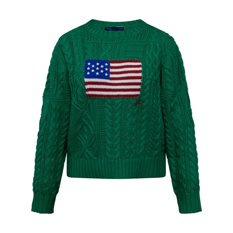 Ralph Lauren Polo Green Aran-Knit American Flag Jumper Women's