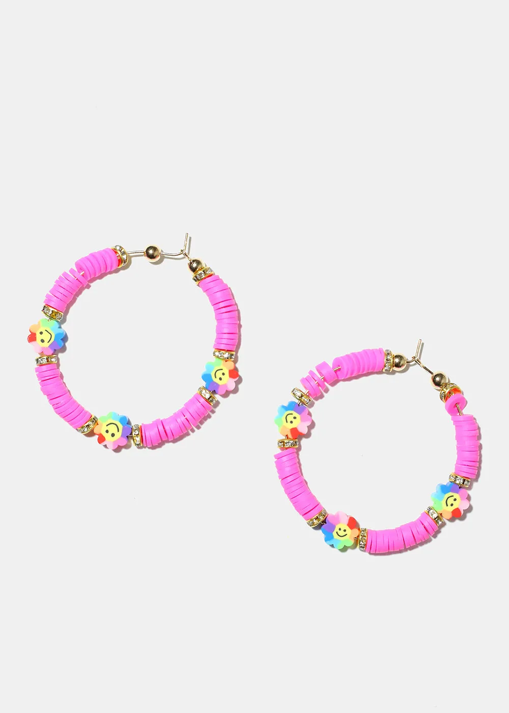 Smiley Flower Charm Beaded Hoop Earrings