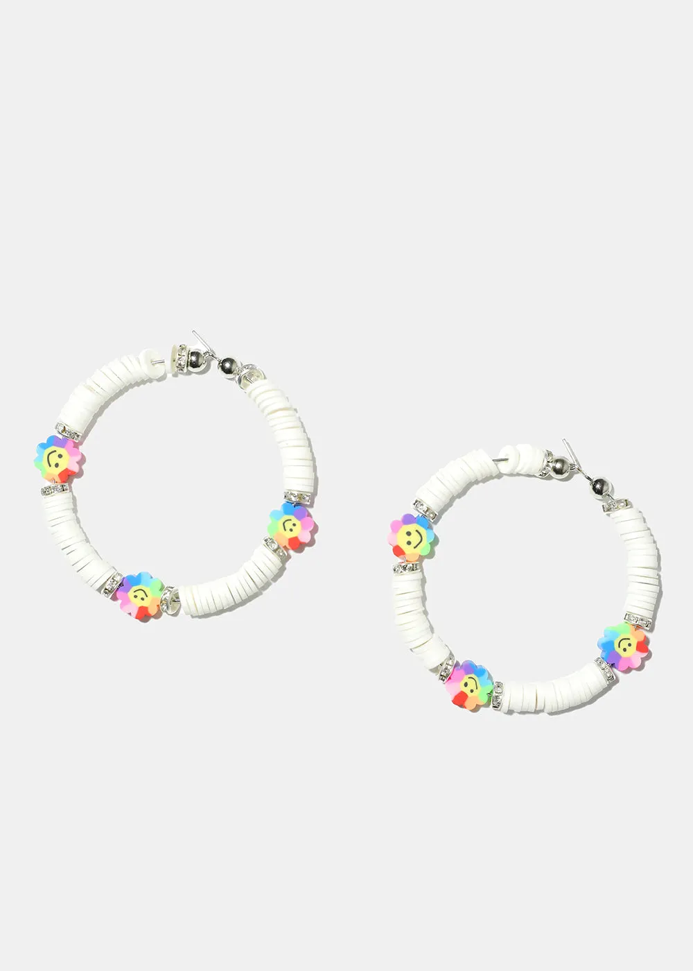 Smiley Flower Charm Beaded Hoop Earrings