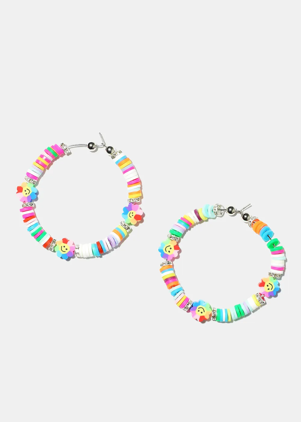 Smiley Flower Charm Beaded Hoop Earrings