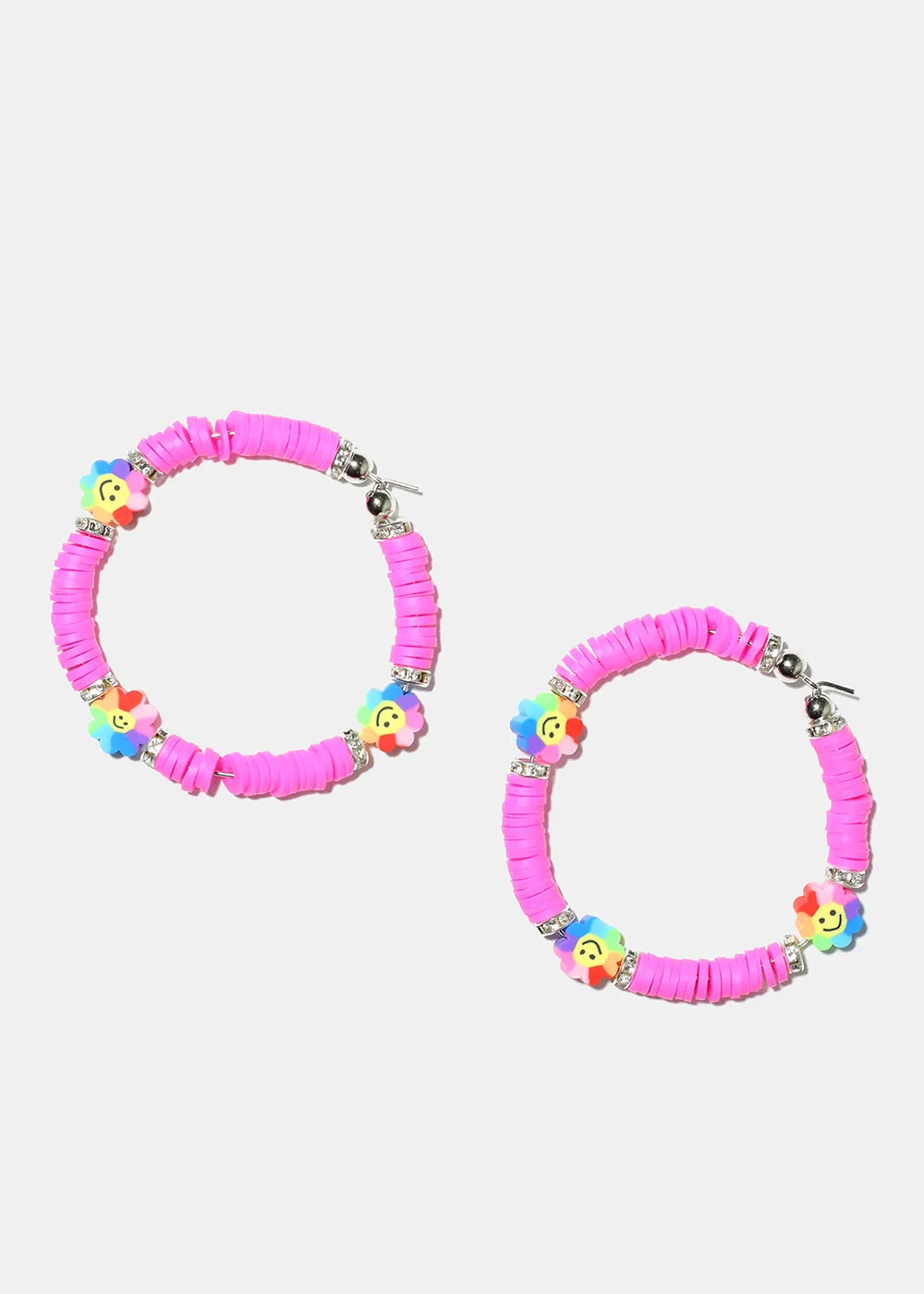 Smiley Flower Charm Beaded Hoop Earrings