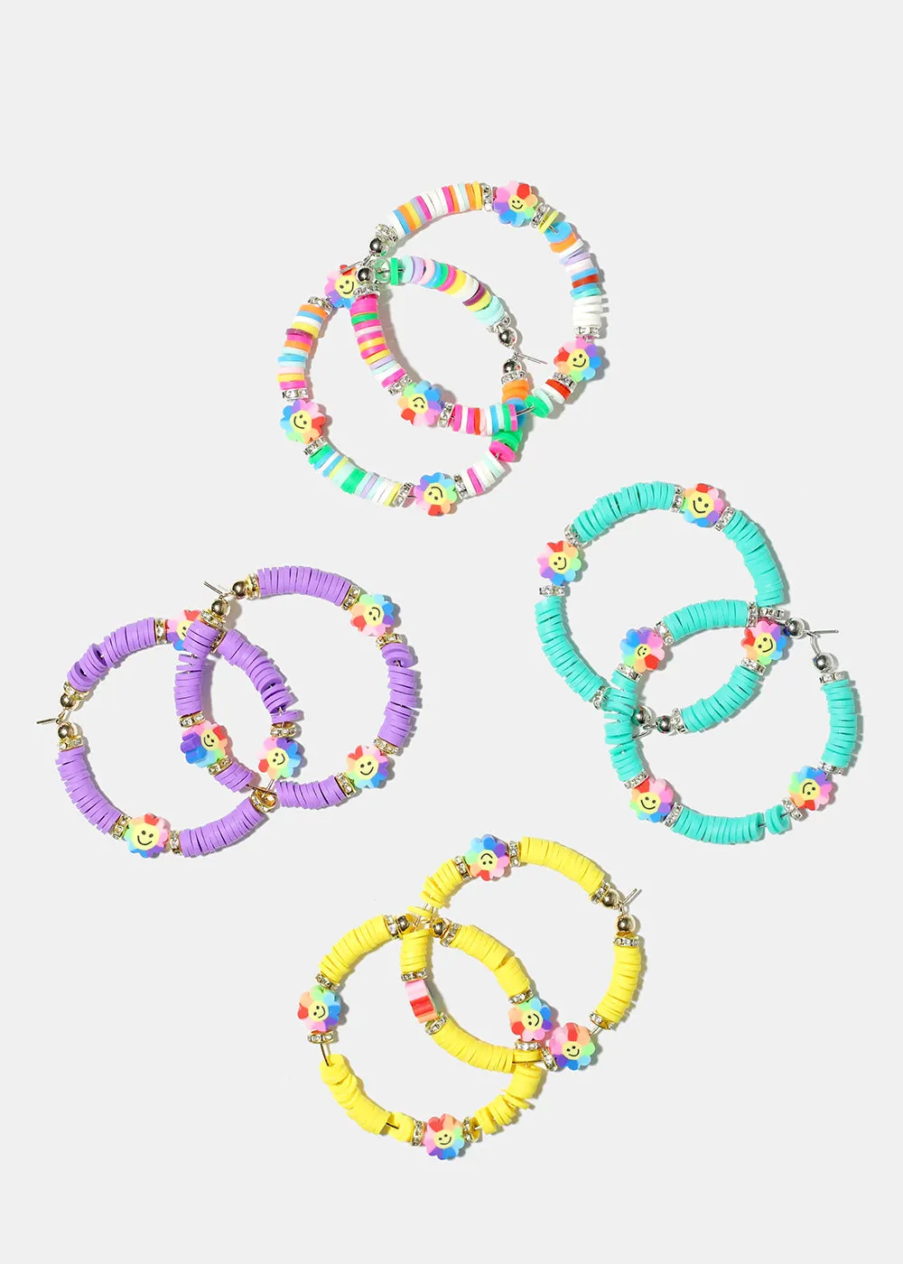 Smiley Flower Charm Beaded Hoop Earrings