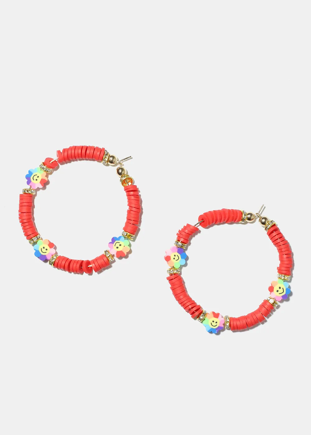 Smiley Flower Charm Beaded Hoop Earrings