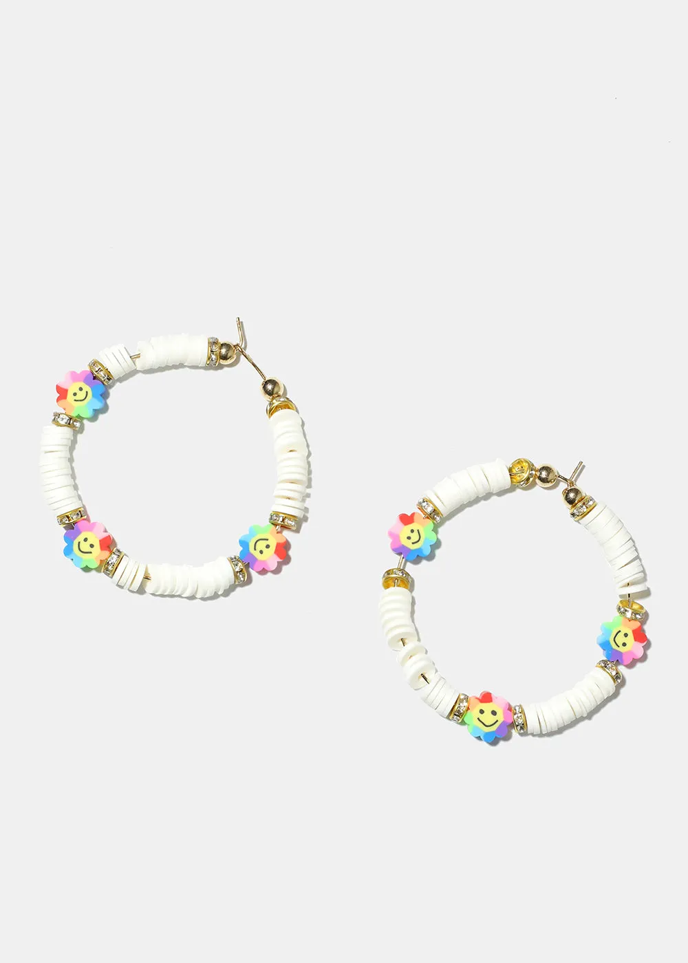 Smiley Flower Charm Beaded Hoop Earrings