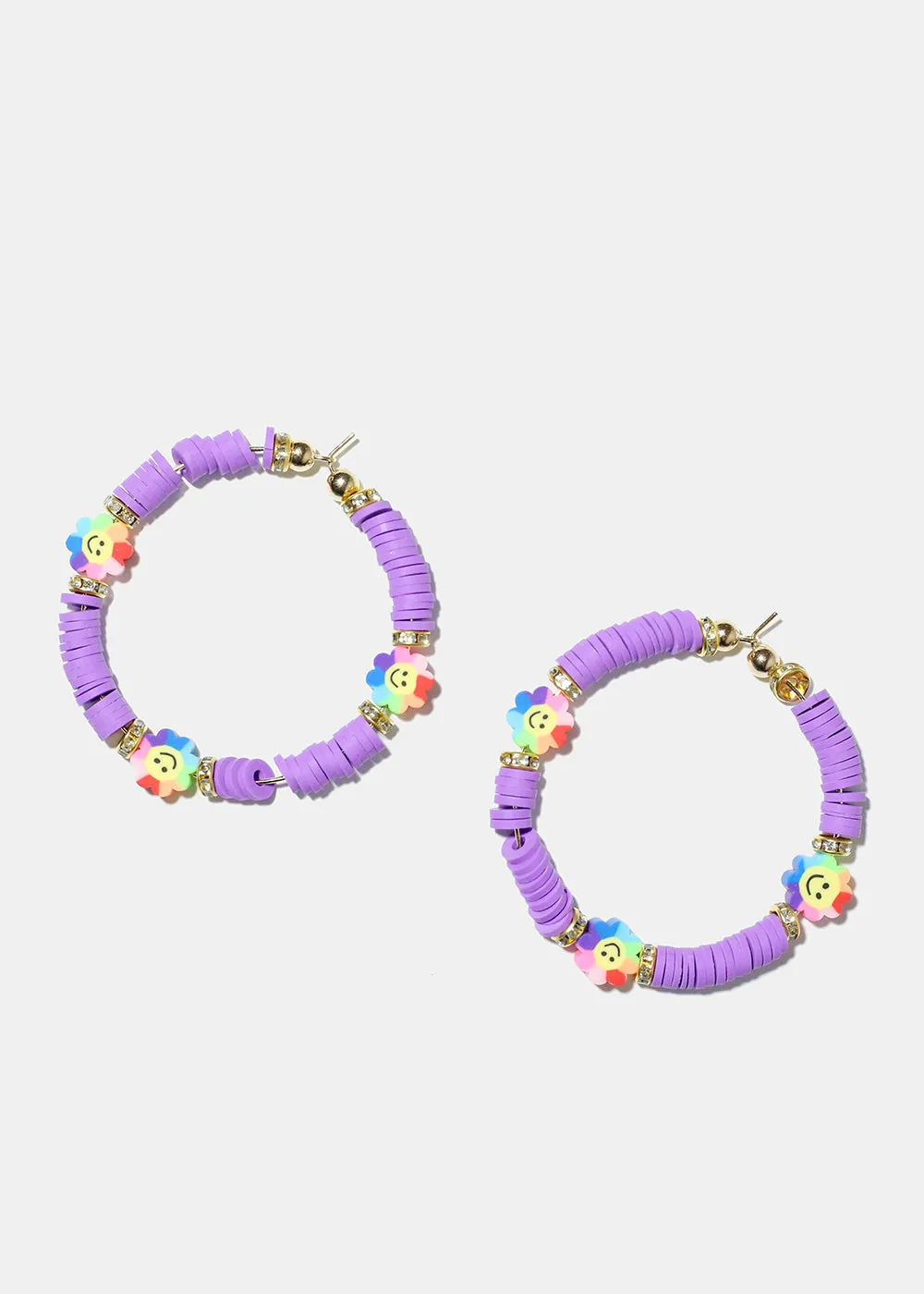 Smiley Flower Charm Beaded Hoop Earrings